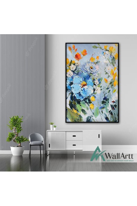 Blue Flower with Yellow Leaves 3d Heavy Textured Partial Oil Painting